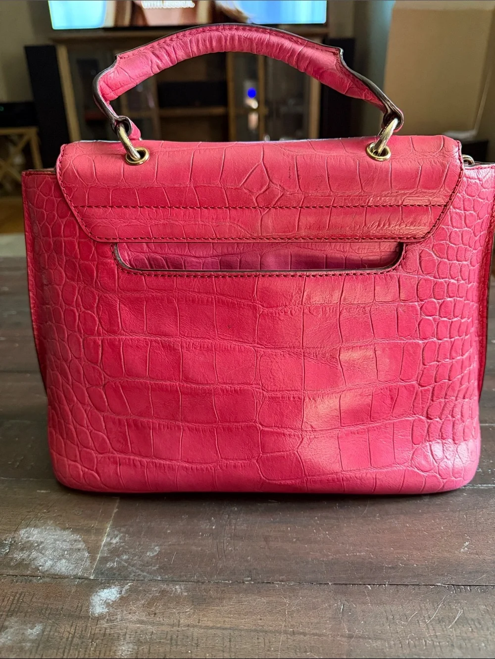 MCM Pink Croc-Embossed Top Handle Satchel with Gold Hardware
